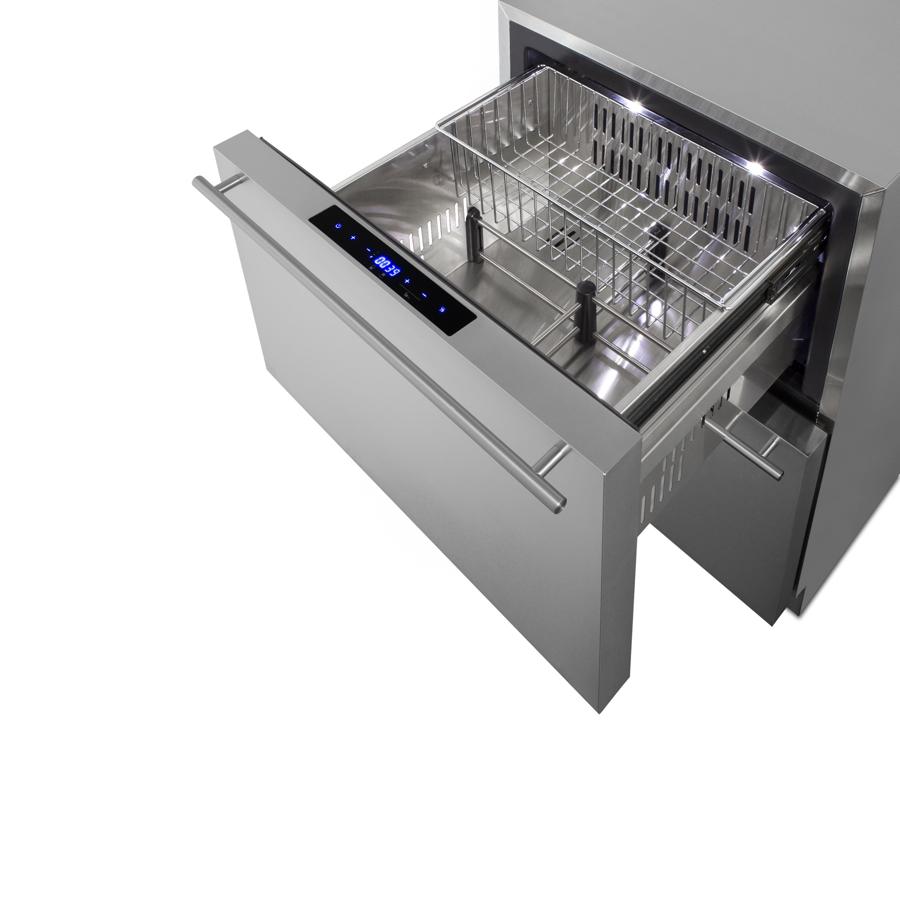 Two-drawer refrigerator-freezer for built-in or freestanding use, with digital thermostat, frost-free operation, panel-ready drawer fronts, and complete stainless steel construction